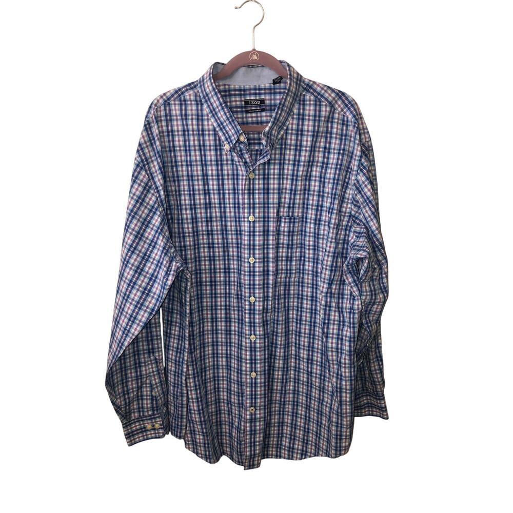 Izod Mens Button Down Shirt Size 2XLT Plaid Blue Purple White Long Sleeve Pocket